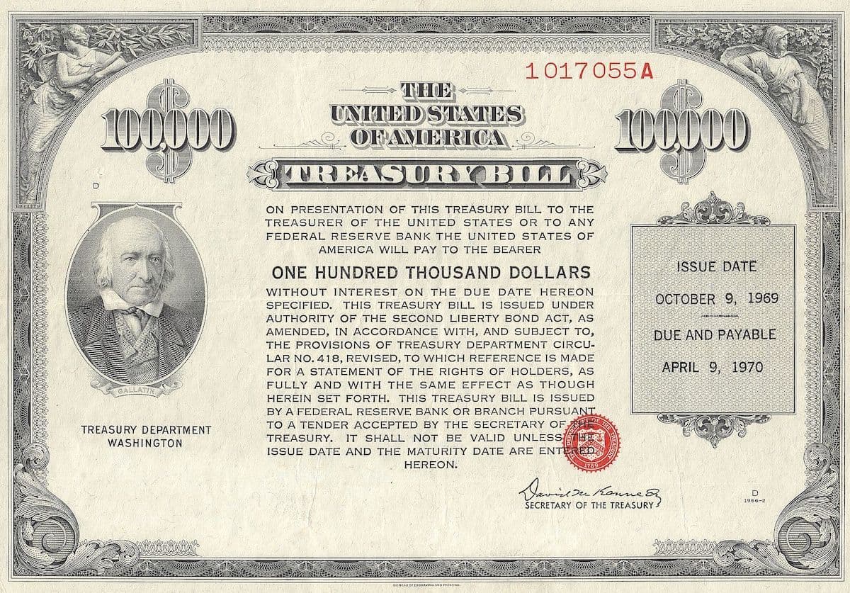 $100,000 U.S. Treasury bill from 1969 (Shutterstock)