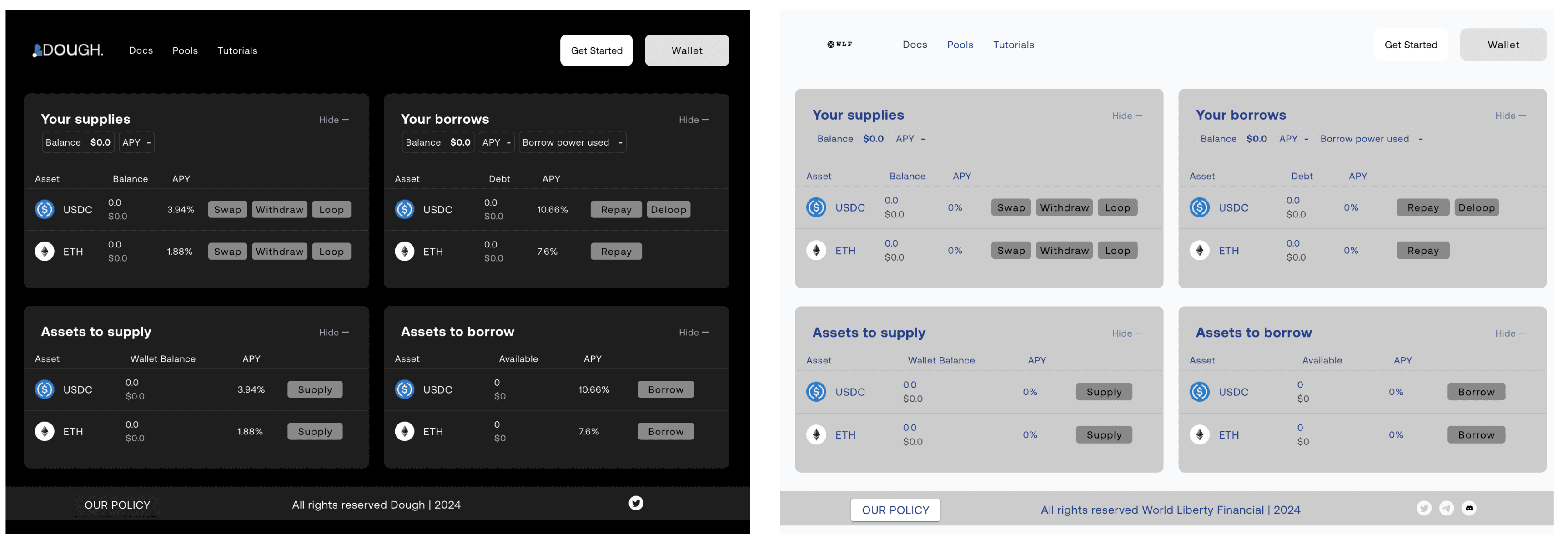 The similarities are remarkable between the user interfaces for Dough Finance, left, and now-deleted code from World Liberty Financial. (GitHub)