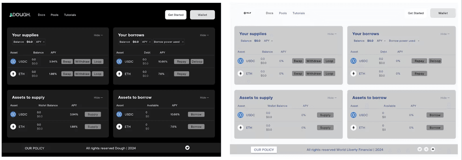 interfaces for Dough Finance, left, and now-deleted code from World Liberty Financial