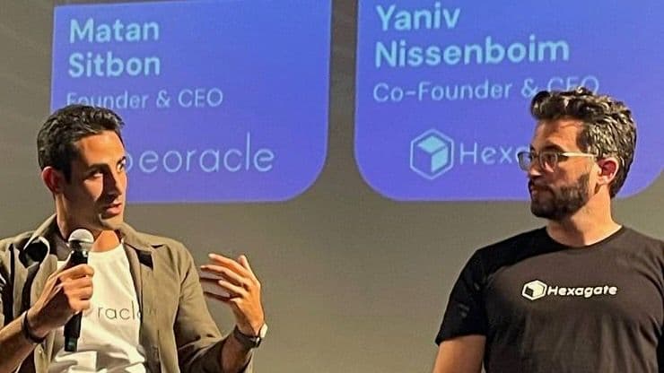 EOracle Founder Matan Sitbon and Hexagate CEO Yaniv Nissenboim onstage at EthCC in Brussels on Tuesday (eOracle)