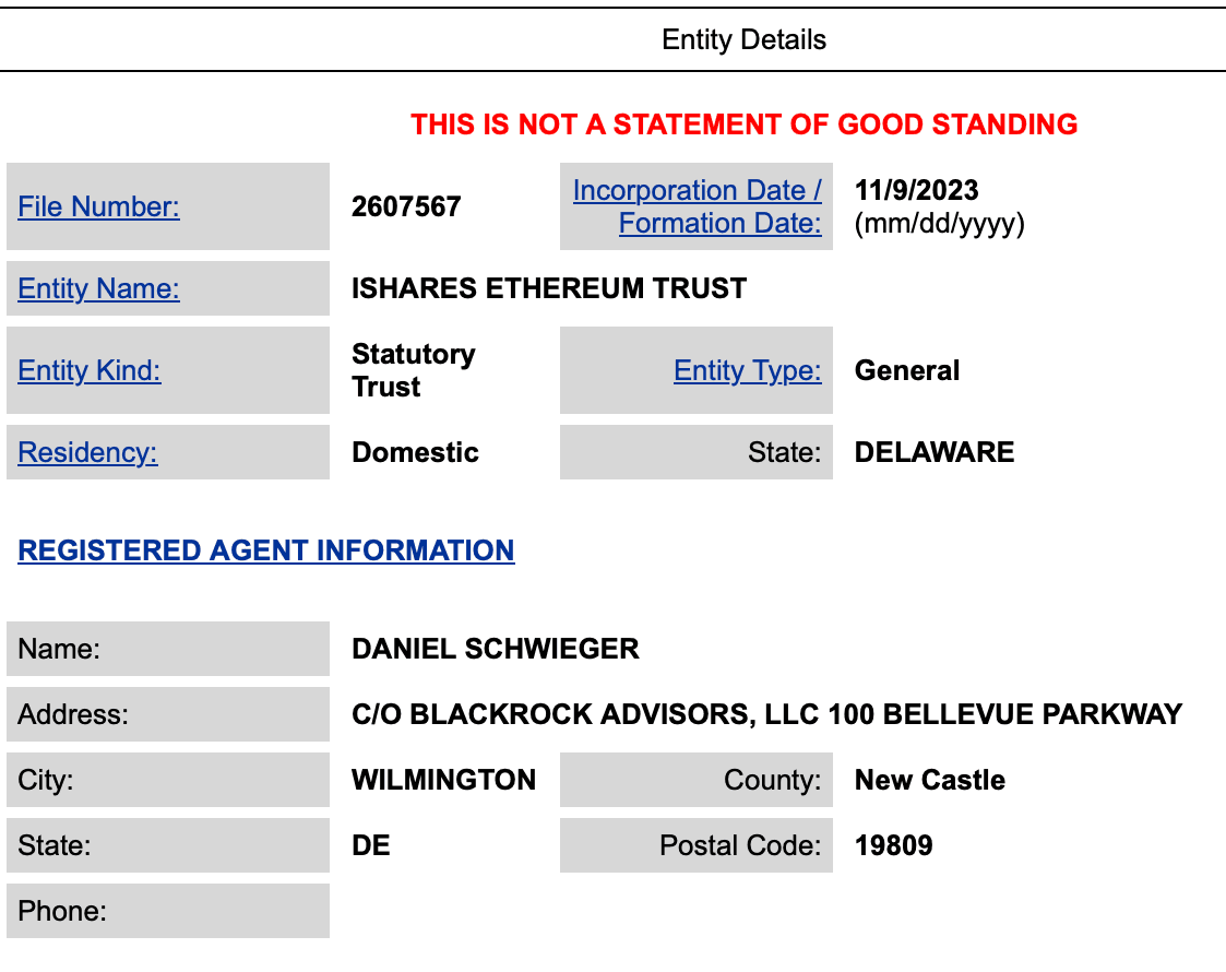 iShares Ethereum Trust corporate registration (State of Delaware)
