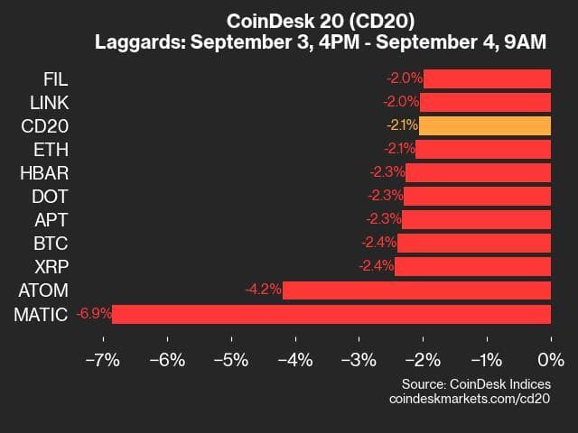 9am CoinDesk 20 Update for 2024-09-04: laggards