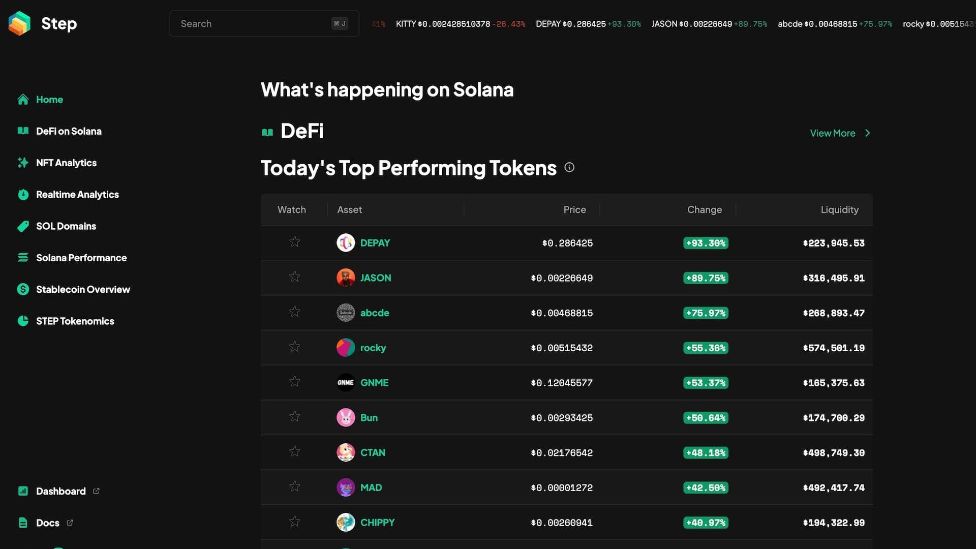 Screenshot from Step Finance, which describes itself as the "front page of Solana" (Step Finance)