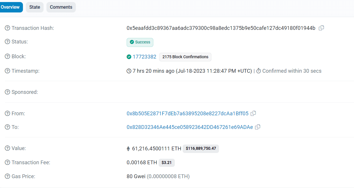 Transaction showing 61,000 ether that was moved to a crypto exchange wallet. (Etherscan)