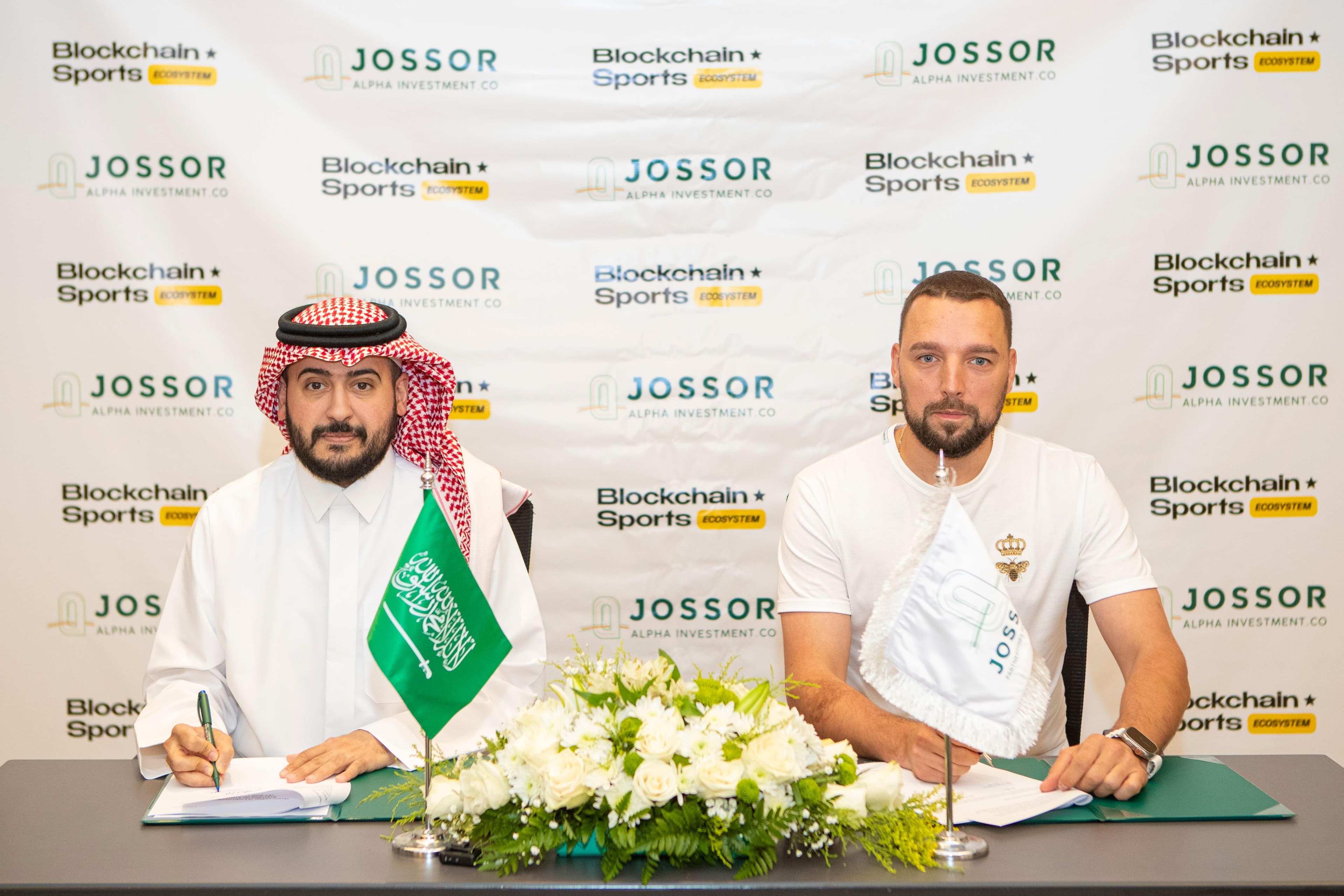 Abdulrahman Al-Qarni, chairman of Alpha Jossor Investments (left) and Dmitry Saksonov, founder of Blockchain Sports Ecosystem (Blockchain Sports Ecosystem)