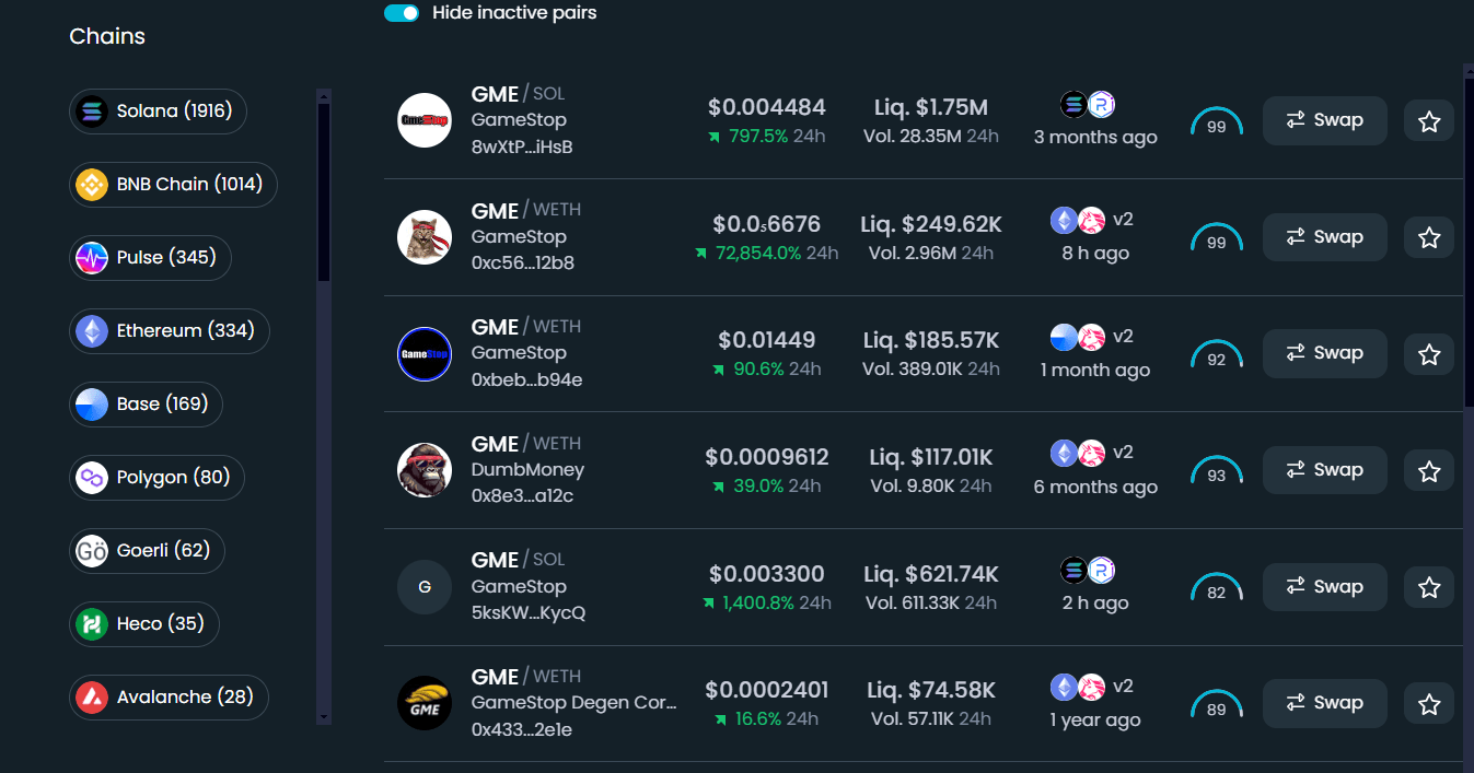 GME-themed meme coins popped up on various blockchains. (DEXTools)