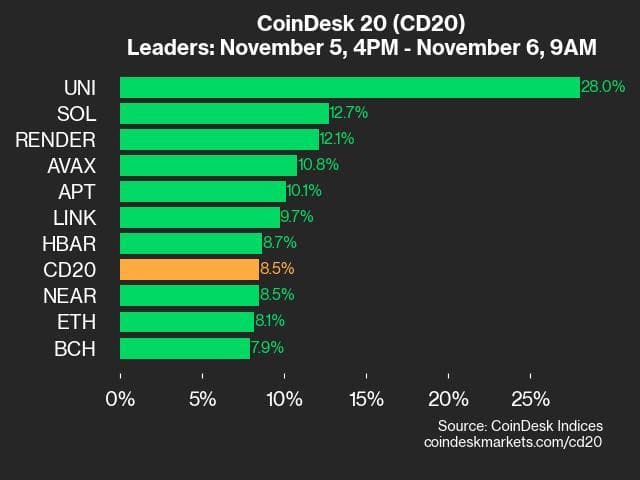 9am CoinDesk 20 Update for 2024-11-06: leaders