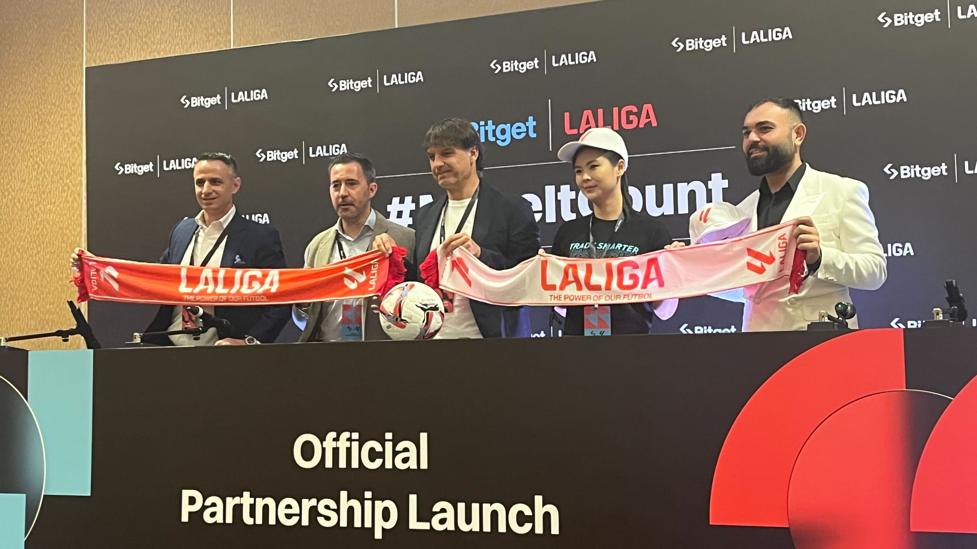 Gracy Chen, CEO at Bitget (Second from right in cap) Fernando Morientes, La Liga Ambassador (Center) at Token2049 Singapore. (Amitoj Singh/CoinDesk)