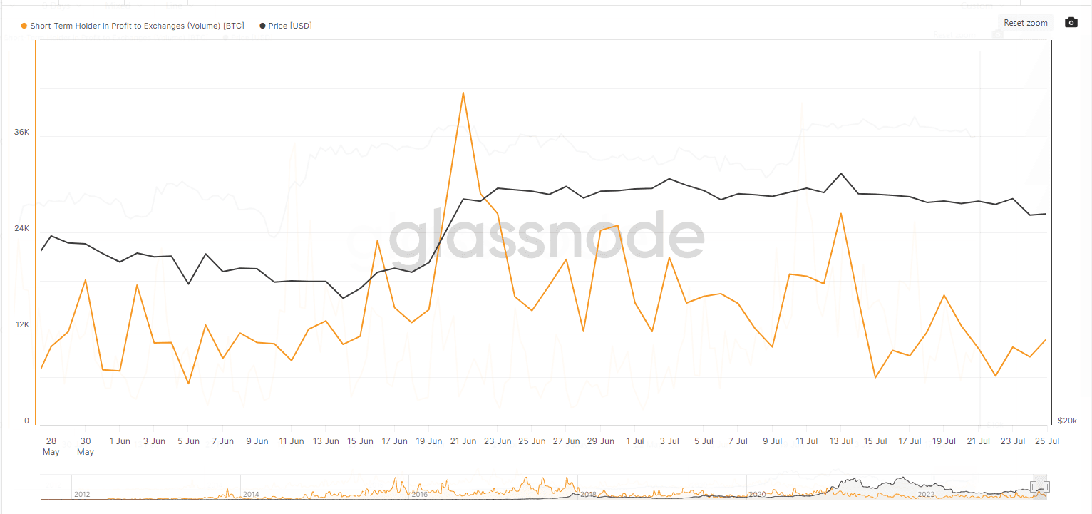 Bitcoin Transfer Volume to Exchanges: Short Term Holders in Profit (Glassnode)