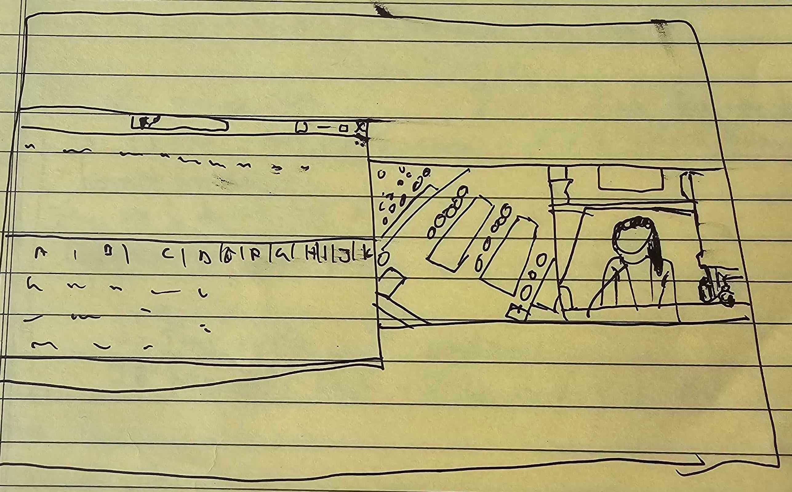 Amateur sketch of screens in the overflow room at the U.S. Southern District Court on Oct. 11, 2023. From left: Exhibits; Sam Bankman-Fried with lawyers; Caroline Ellison on the witness stand. (Nik De/CoinDesk)