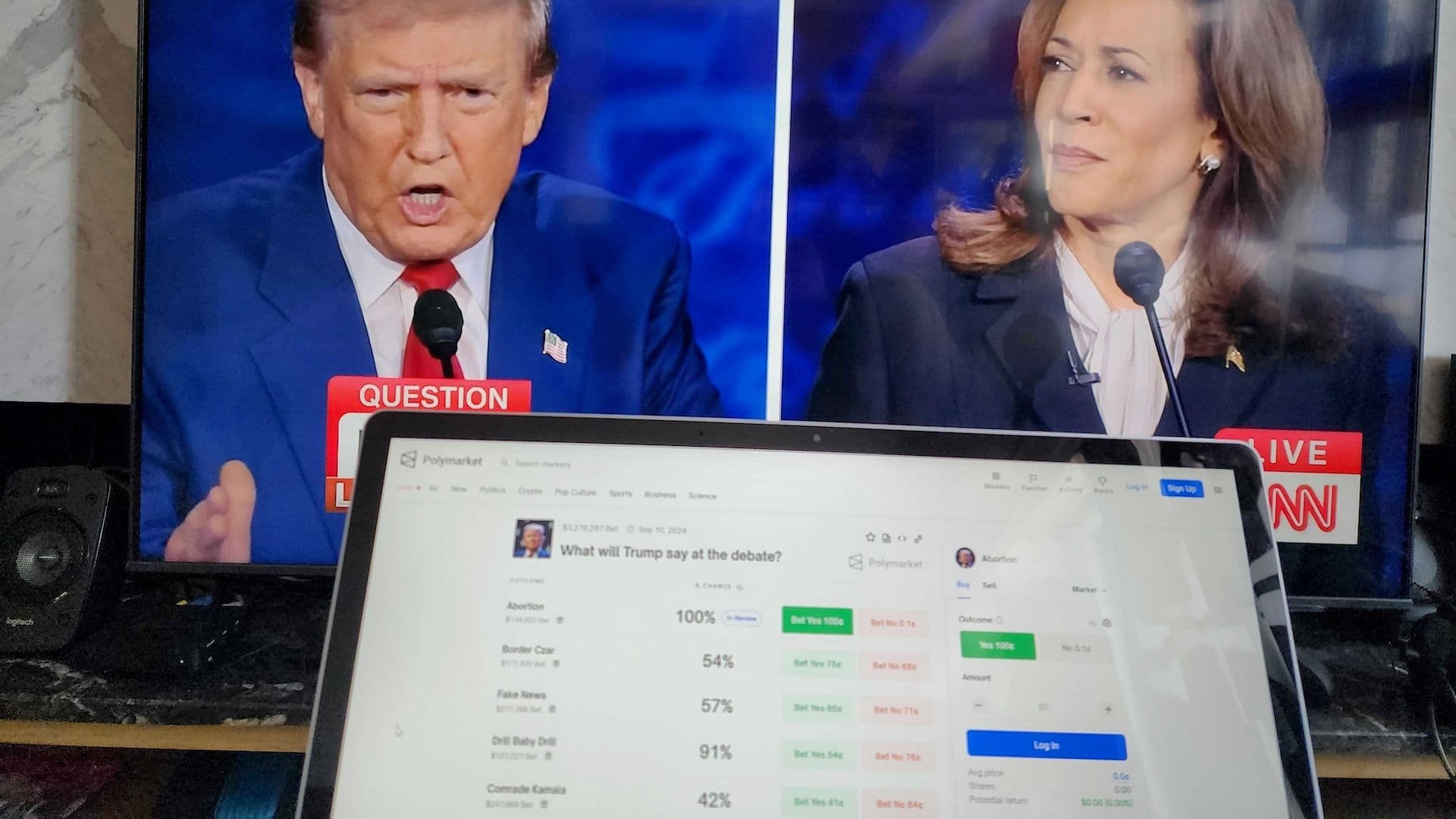 Polymarket bettors had an extra screen to keep an eye on during Tuesday's U.S. presidential debate between Donald Trump and Kamala Harris. (Sam Reynolds)