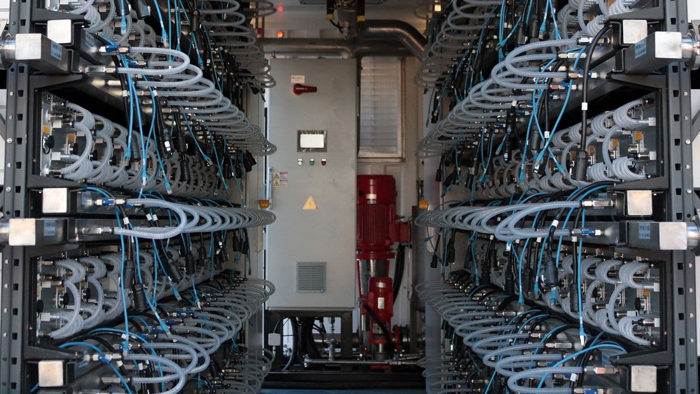 Bitmain Antminer S19 Hydro mining rigs, the company's latest technology, installed at a Merkle Standard facility in Washington state. (Eliza Gkritsi/CoinDesk)