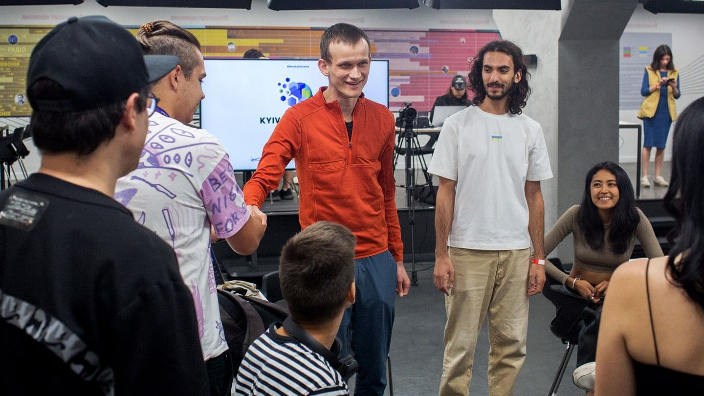 16:9 CROP: Ethereum co-founder Vitalik Buterin (center) at the Kyive Tech Summit (Kyiv Tech Summit)