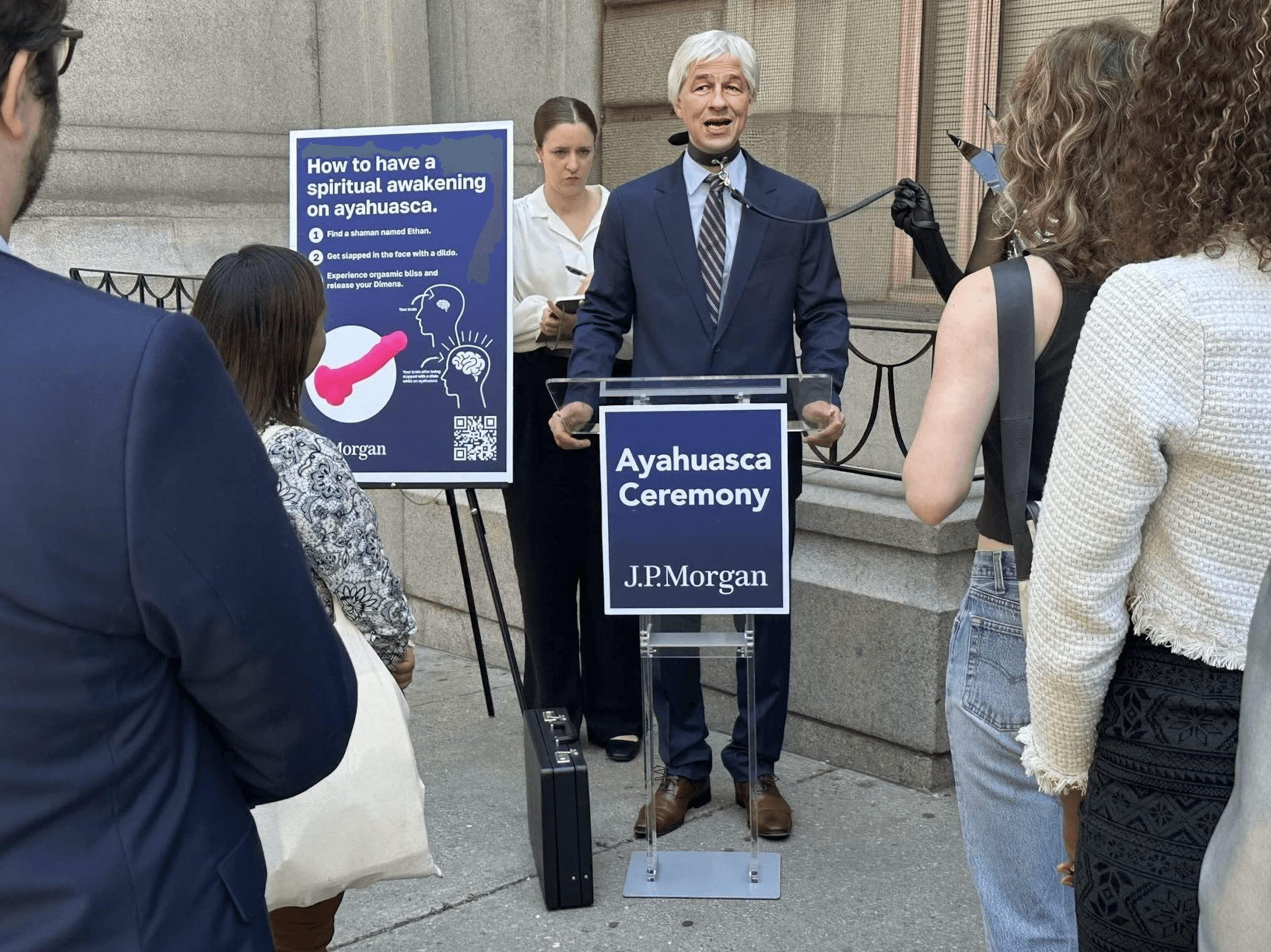 UNFK hosted an earlier staged press conference revealing the Jamie Dimon backstory in New York. (Gunnar Lovelace/UNFK)