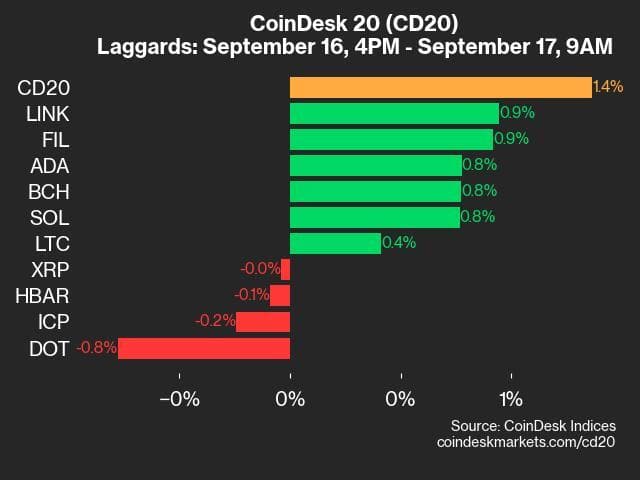 9am CoinDesk 20 Update for 2024-09-17: Laggards