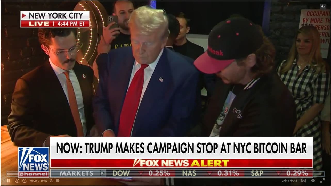 Trump at PubKey bar in NYC (Fox News/Modified by CoinDesk)