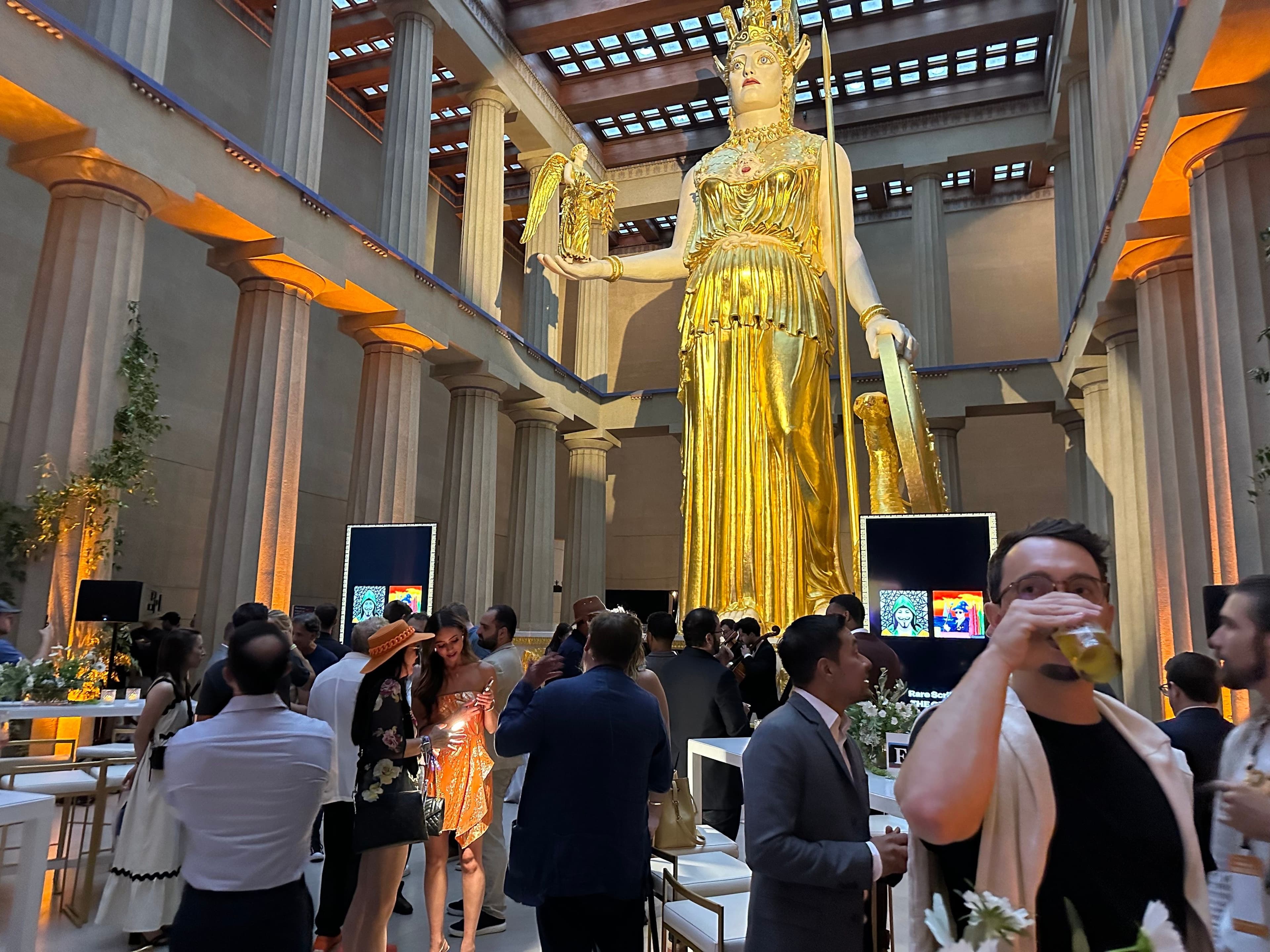 Orange-lit interior of the Nashville Parthenon for the BIT GALA party (Bradley Keoun)