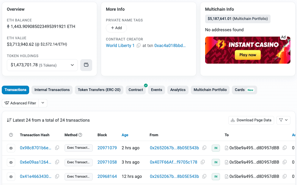 Screenshot from the Ethereum blockchain explorer Etherscan, showing data for the World Liberty Financial token contract (Etherscan)