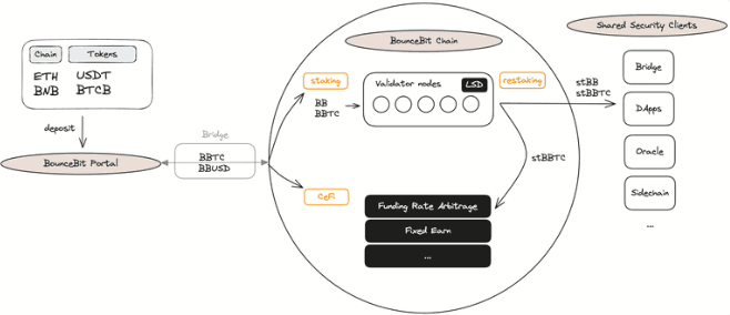 Schematic illustrating BounceBit's infrastructure, "within a CeFi+DeFi hybrid financial system." (BounceBit)