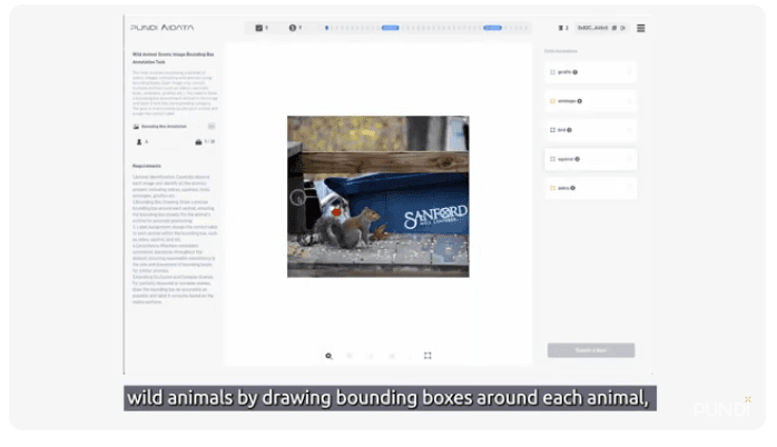 Screengrab from Pundi AI Data demo video. This is an example of "bounding box annotation" where the user takes a "scenic image containing wild animals" and draws a box around them (Pundi AI)