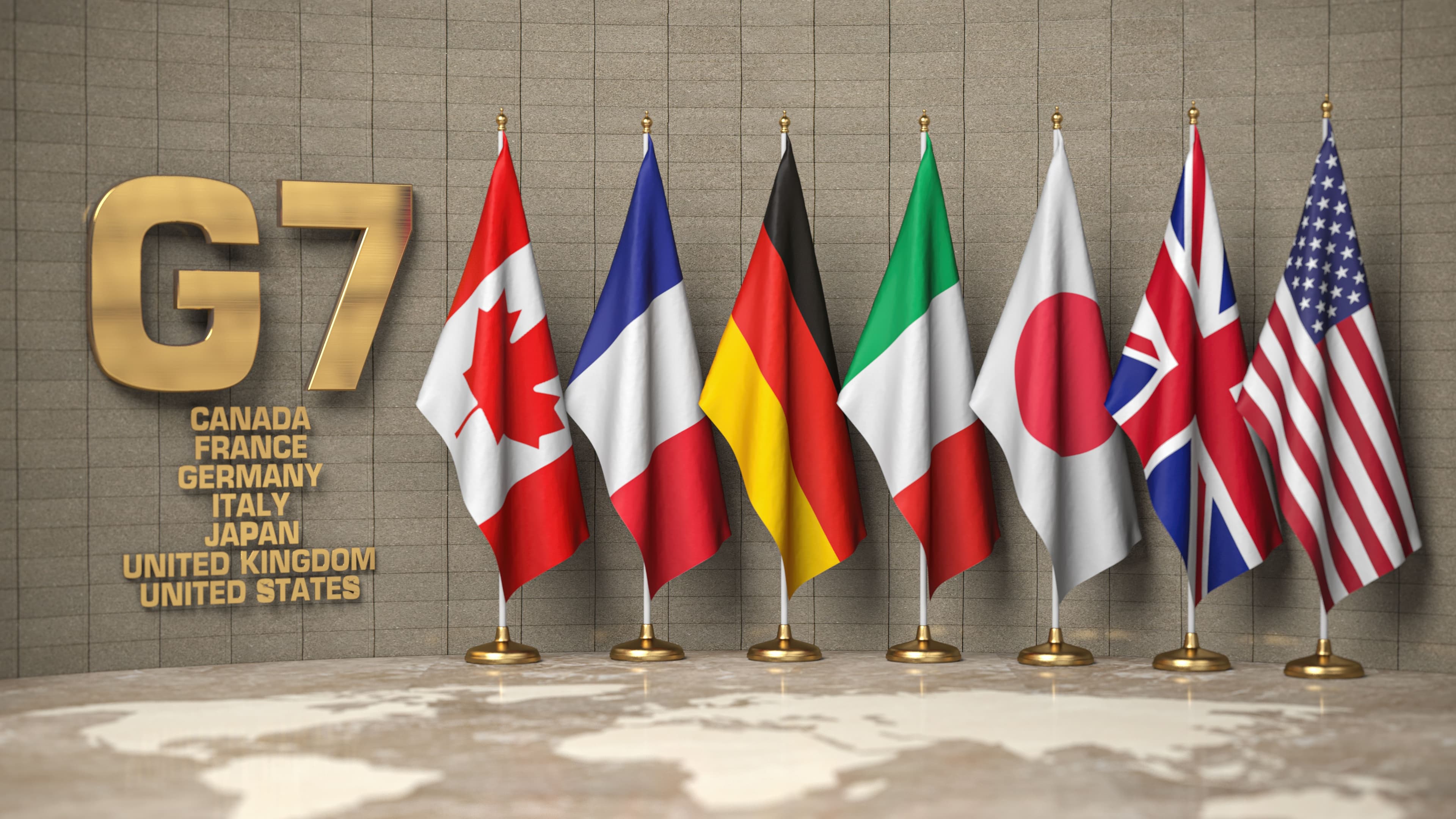 G7 summit or meeting concept. Row from flags of members of G7 group of seven and list of countries