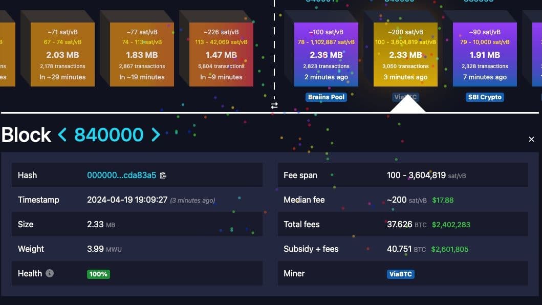 Screenshot from Mempool.space showing block No. 840,000, when the halving occurred (Mempool.space)