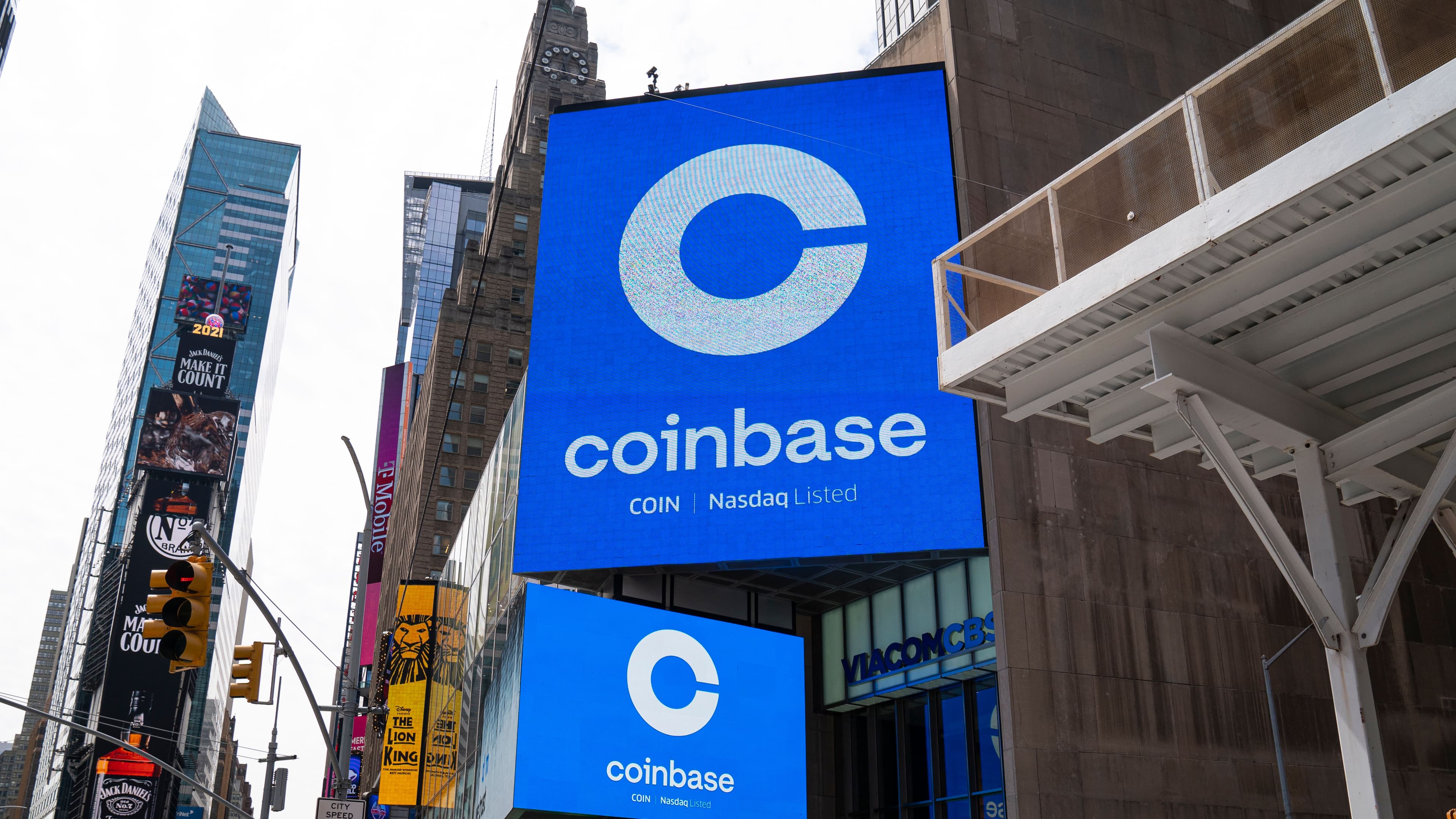 Coinbase logo in Times Square (Robert Nickelsberg/Getty Images)