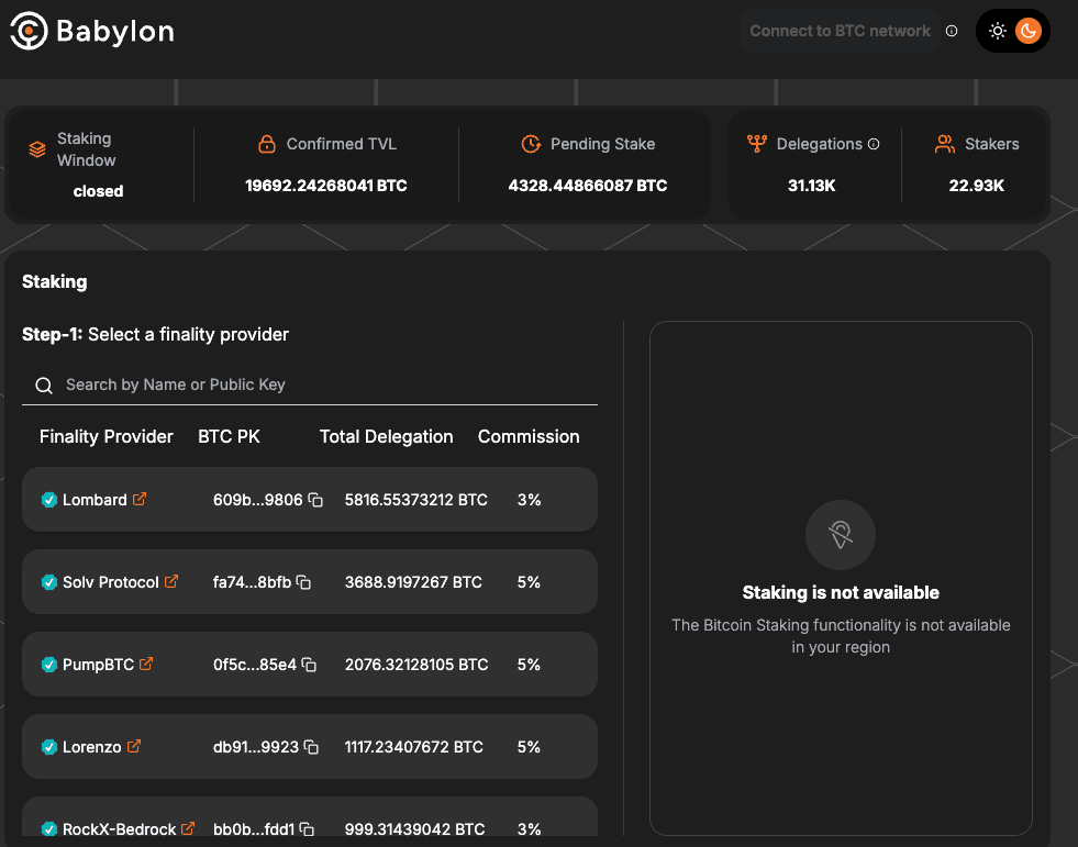 Screenshot from Babylon's staking dashboard (Babylon)