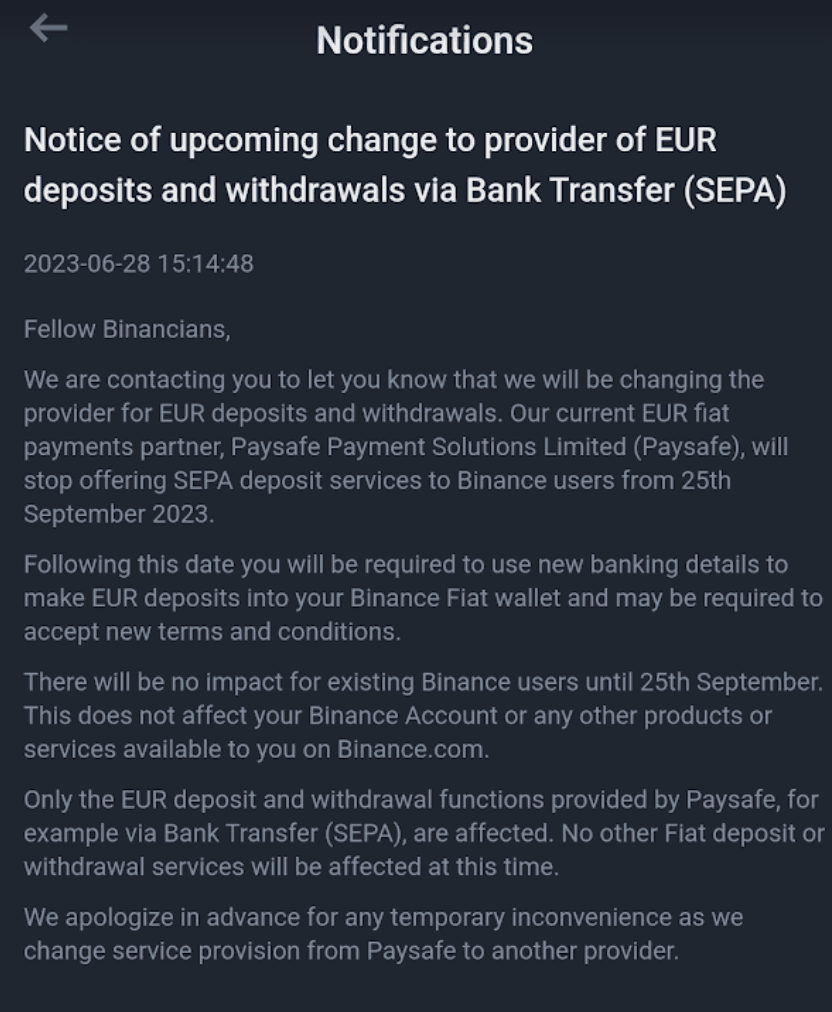 Binance notification to users (Binance)