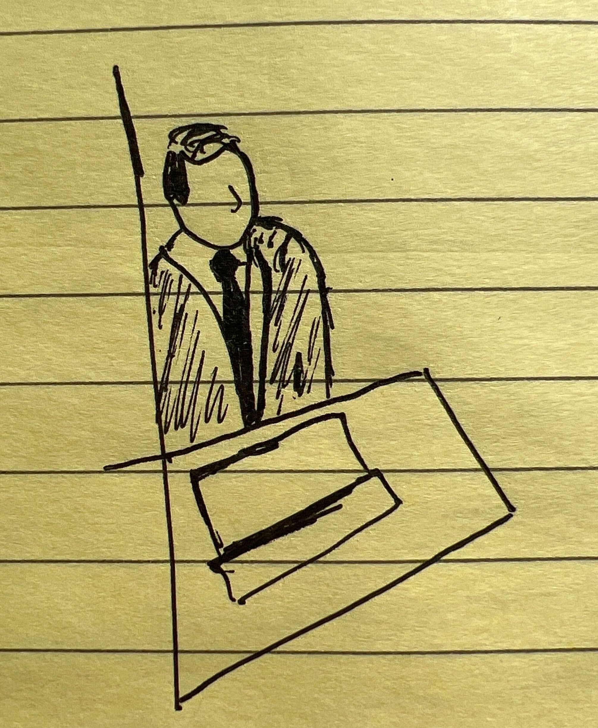 Sketch of lawyer Mark Cohen beginning cross-examination of Caroline Ellison. (Nik De/CoinDesk)