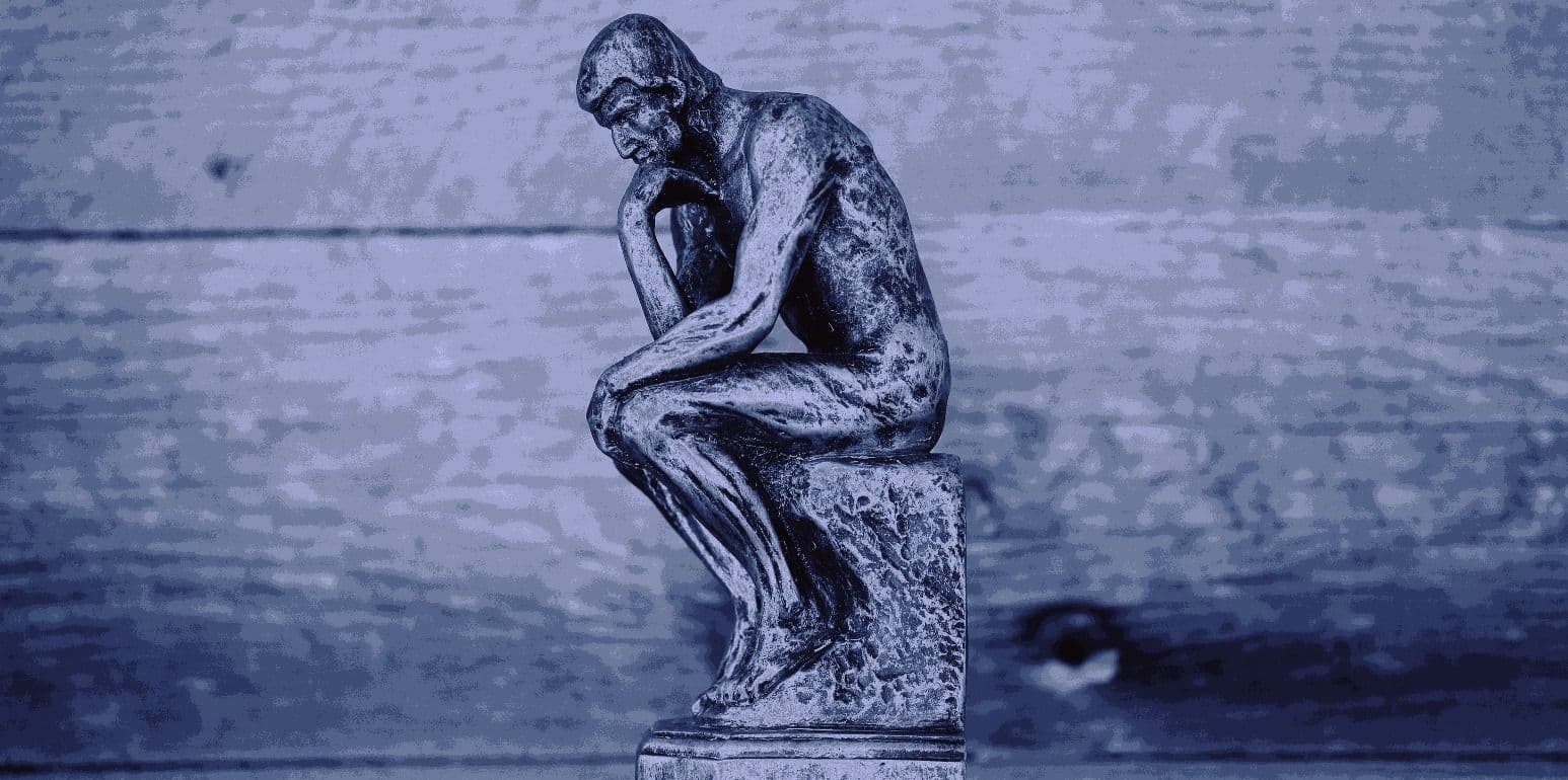 16:9 the thinker, art, sculpture, philosophy, debate, talk, conversation, isolation, lonely, depression,mood (Kenny Eliason/Unsplash, modified by CoinDesk)