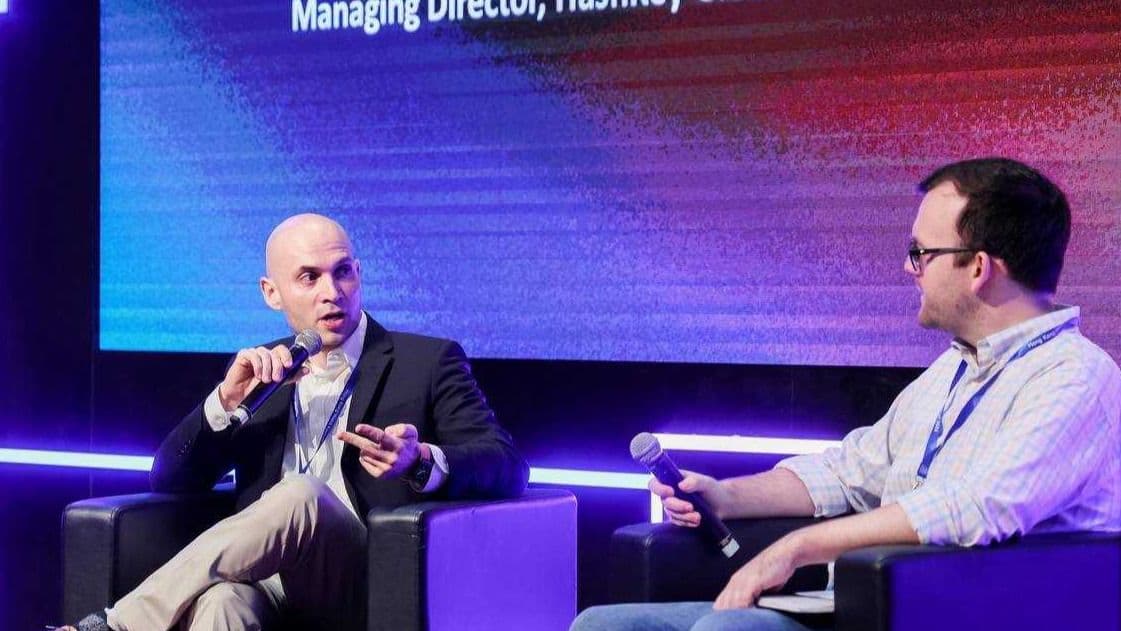 Ben El-Baz, managing director of crypto exchange HashKey Global, with CoinDesk's Sam Reynolds at the Web3 Festival in Hong Kong, April 2024. (HashKey)