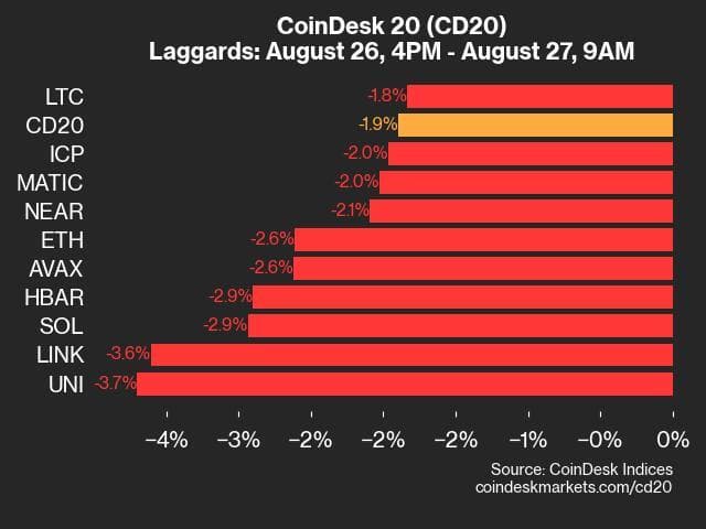 9am CoinDesk 20 Update for 2024-08-27: laggards