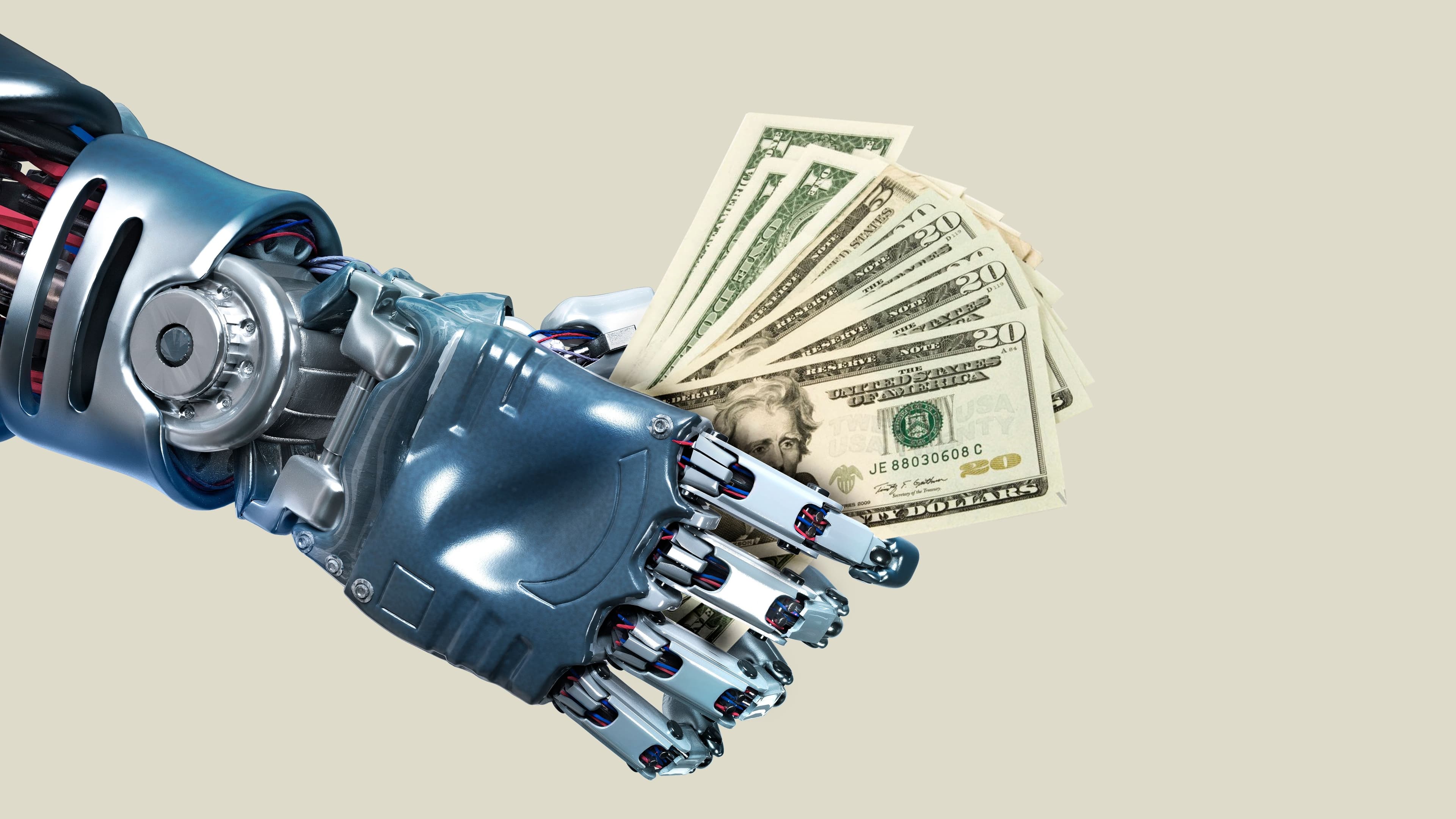 16:9 crop Robot hand holding lots of dollar notes