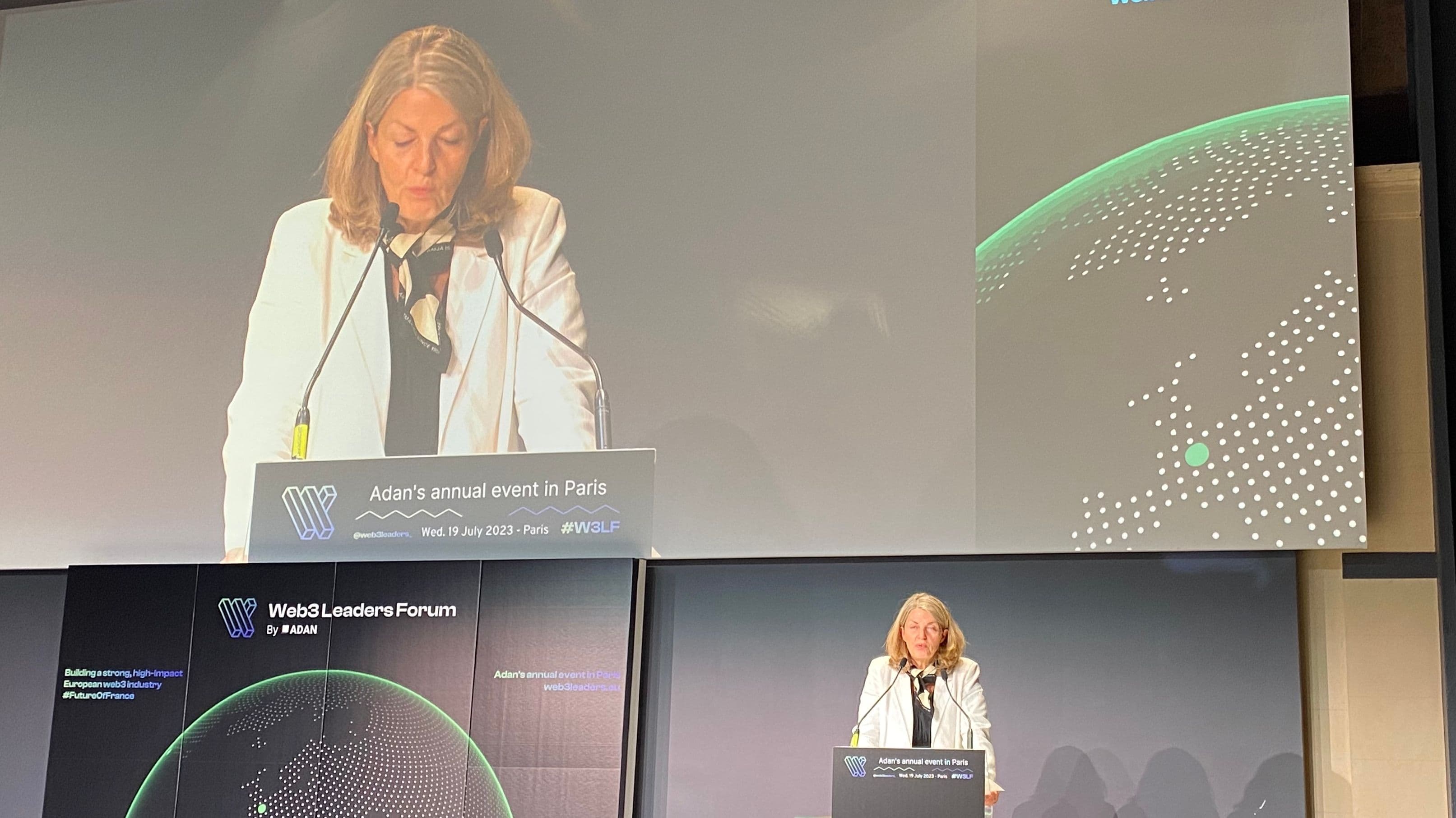 Marie-Anne Barbat-Layani, chair of the French Financial Markets Authority, at the Web3 Leaders Forum in Paris, France in July 2023 16:9CROP (Jack Schickler/CoinDesk)