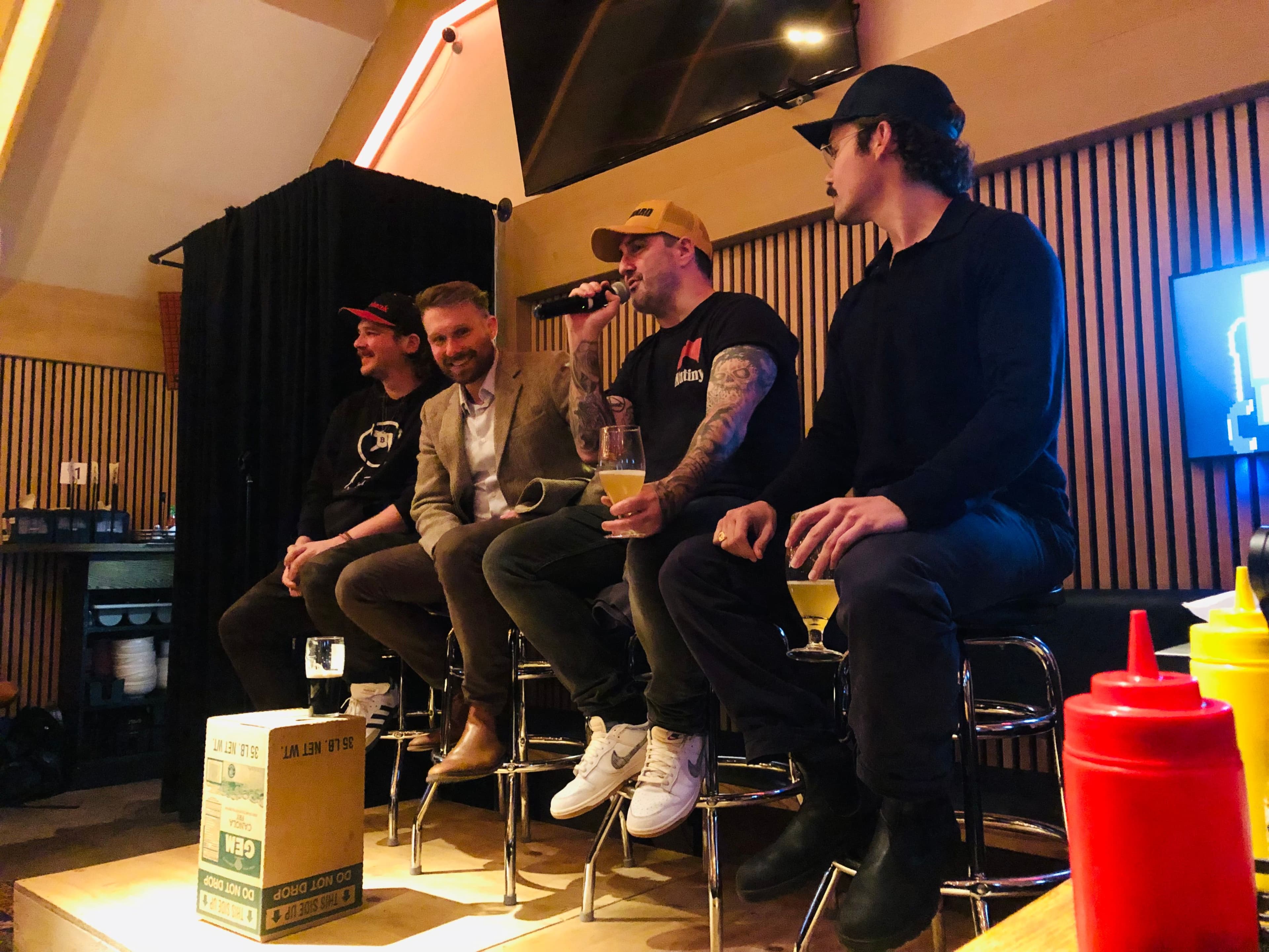 January 11, 2024 — L to R: Thomas Pacchia, James Seyffart, Peter McCormack and Drew Armstrong in “the attic” at PubKey. (Frank Corva)