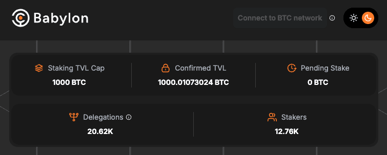 Babylon staking dashboard showing the 1,000 BTC staked after the initial round in late August (Babylon)