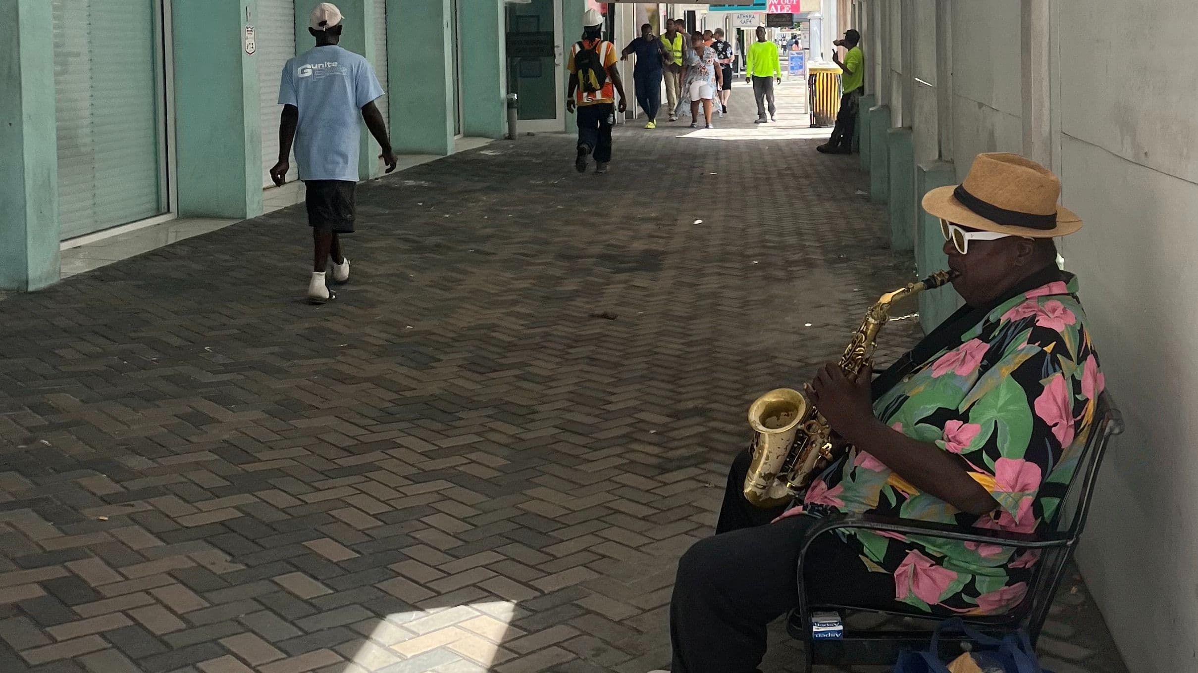 A musician in downtown Nassau, The Bahamas, on a day in October 2023 when no cruise ship had docked (Amitoj Singh/CoinDesk)