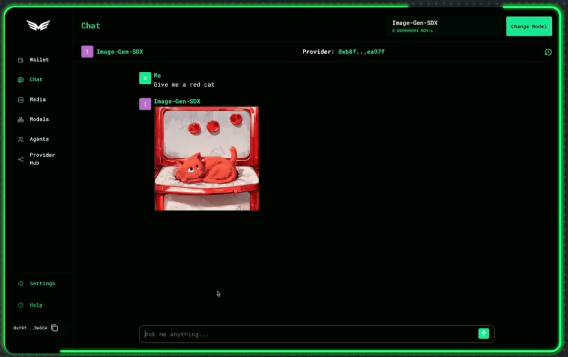 Screenshot from demo of Lumerin's AI image generator on Morpheus chat interface. In this case the user asked for an image of a red cat. (Lumerin)