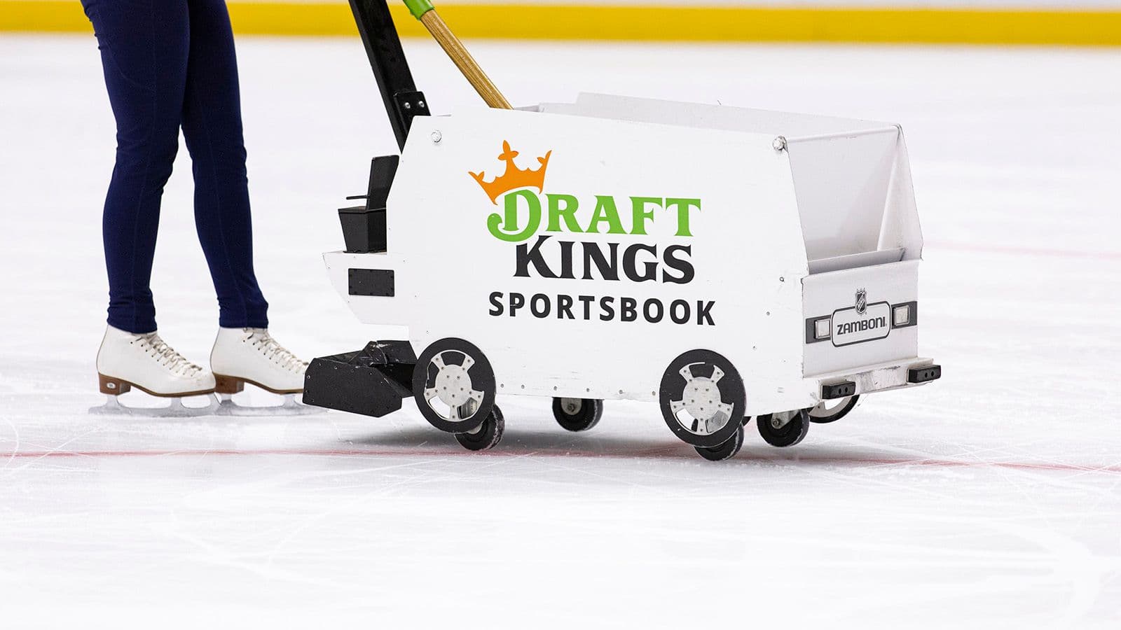 Detail view of a DraftKings Sportsbook advertisement at an NHL game. (Brett Carlsen/Getty Images)