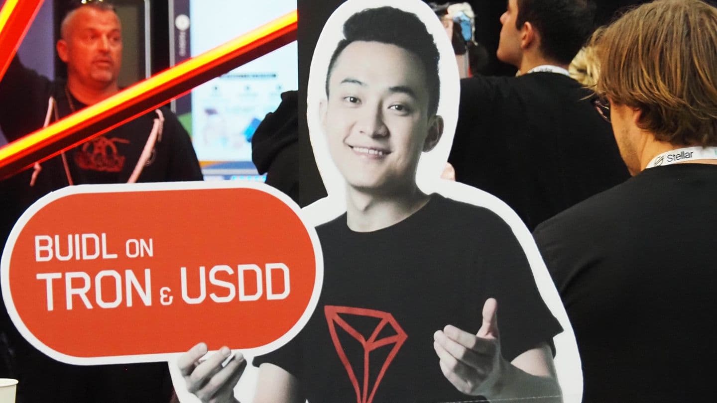 A cardboard cutout of Tron founder Justin Sun (Danny Nelson/CoinDesk)