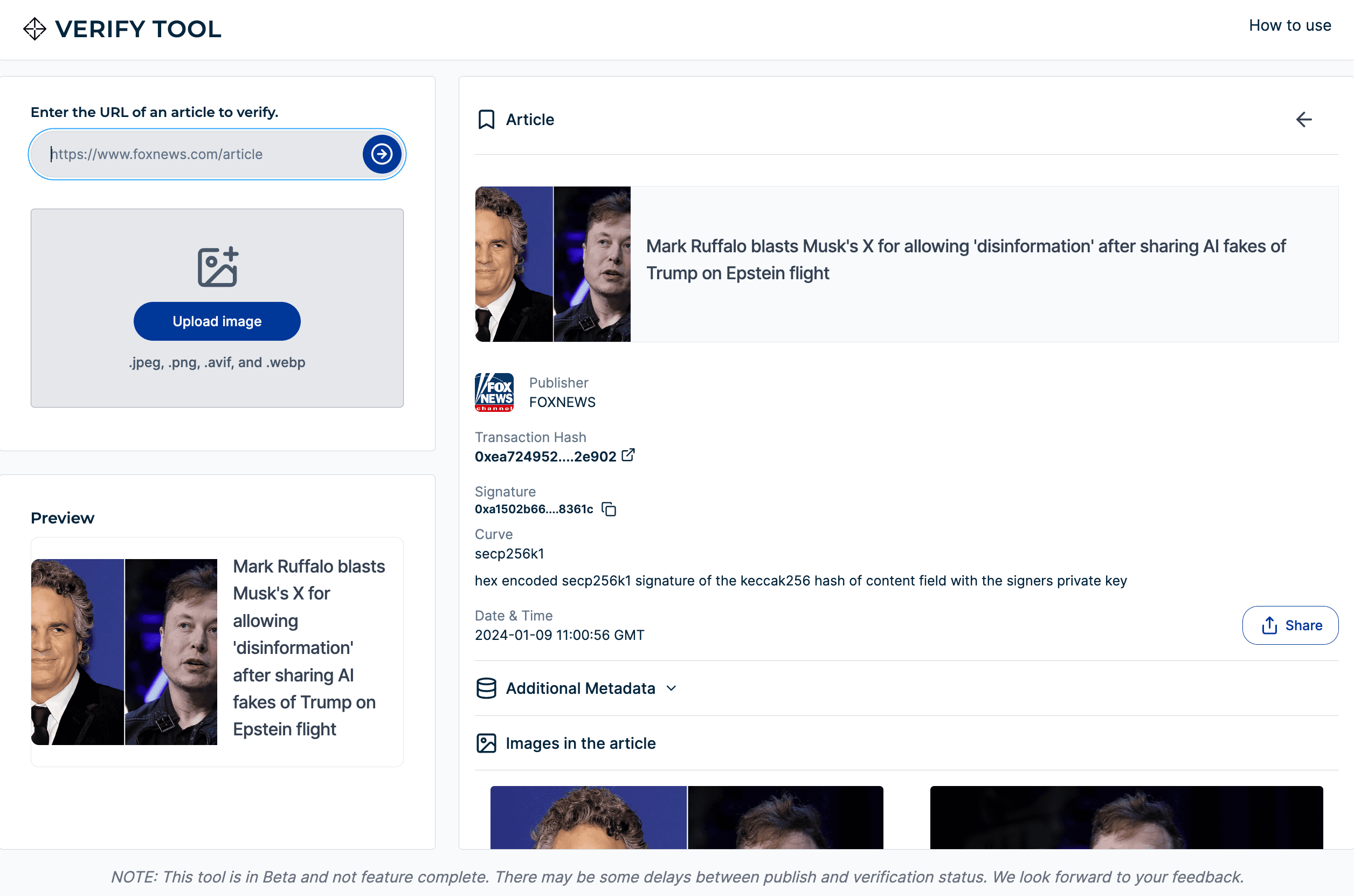 Verify authenticates the source of a Fox news article about Elon Musk and deep fakes (verify.fox, modified by CoinDesk)