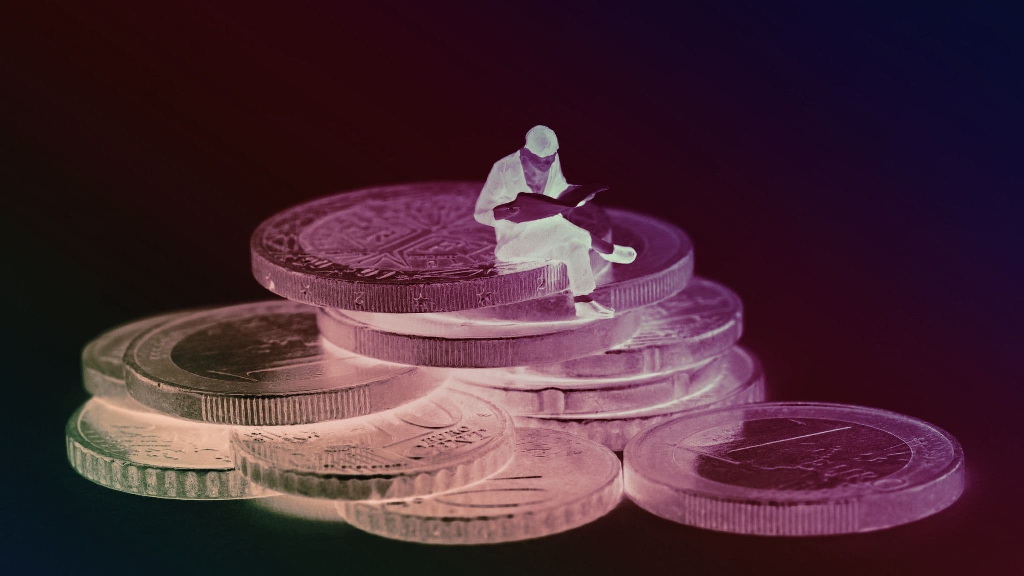 16:9 coins, cash, money, euros, business miniature stock photo (Mathieu Stern/Unsplash, modified by CoinDesk)