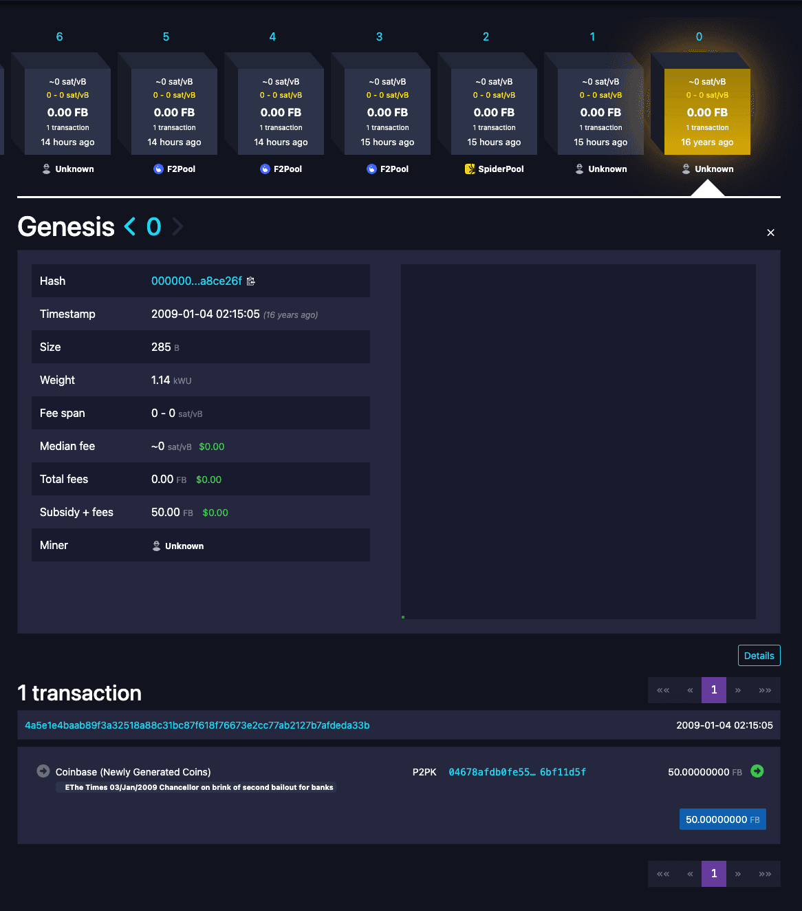 Screenshot of Fractal Bitcoin's genesis block, referencing the same "Chancellor on the brink" message that was embedded by Satoshi Nakamoto into the original Bitcoin block in 2009 (mempool.fractalbitcoin.io)