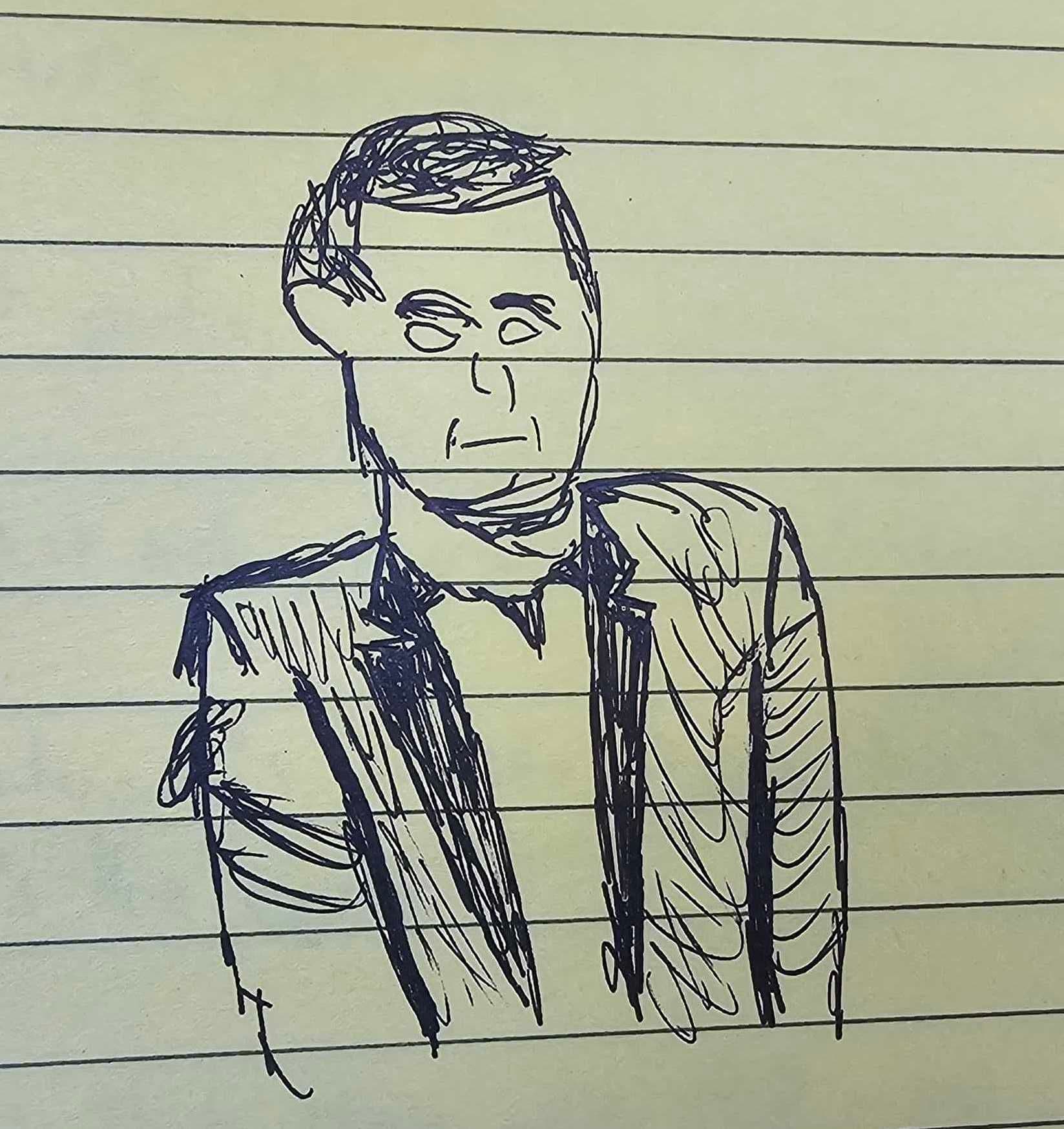 Sketch of BlockFi's Zac Prince testifying at the trial of Sam Bankman-Fried. (Nik De/CoinDesk)